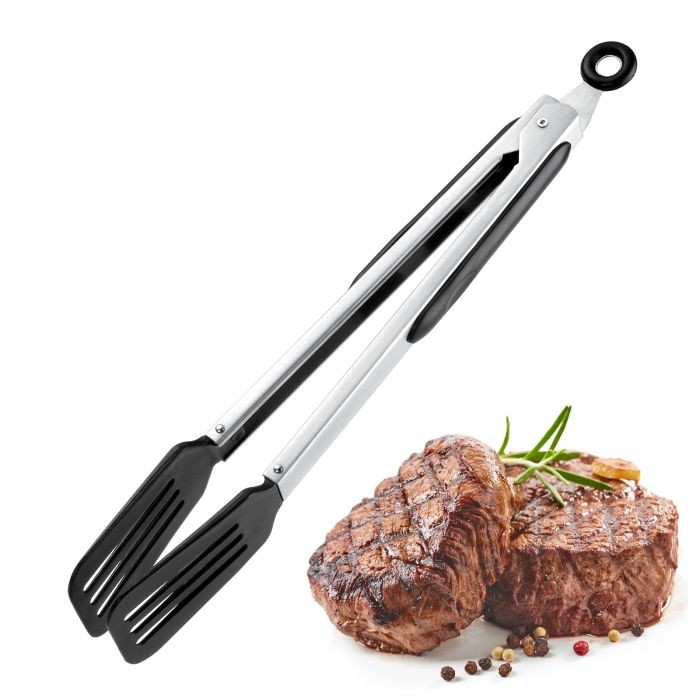 Black Nylon Serving Tongs With Stainless Steel Handle & Lock